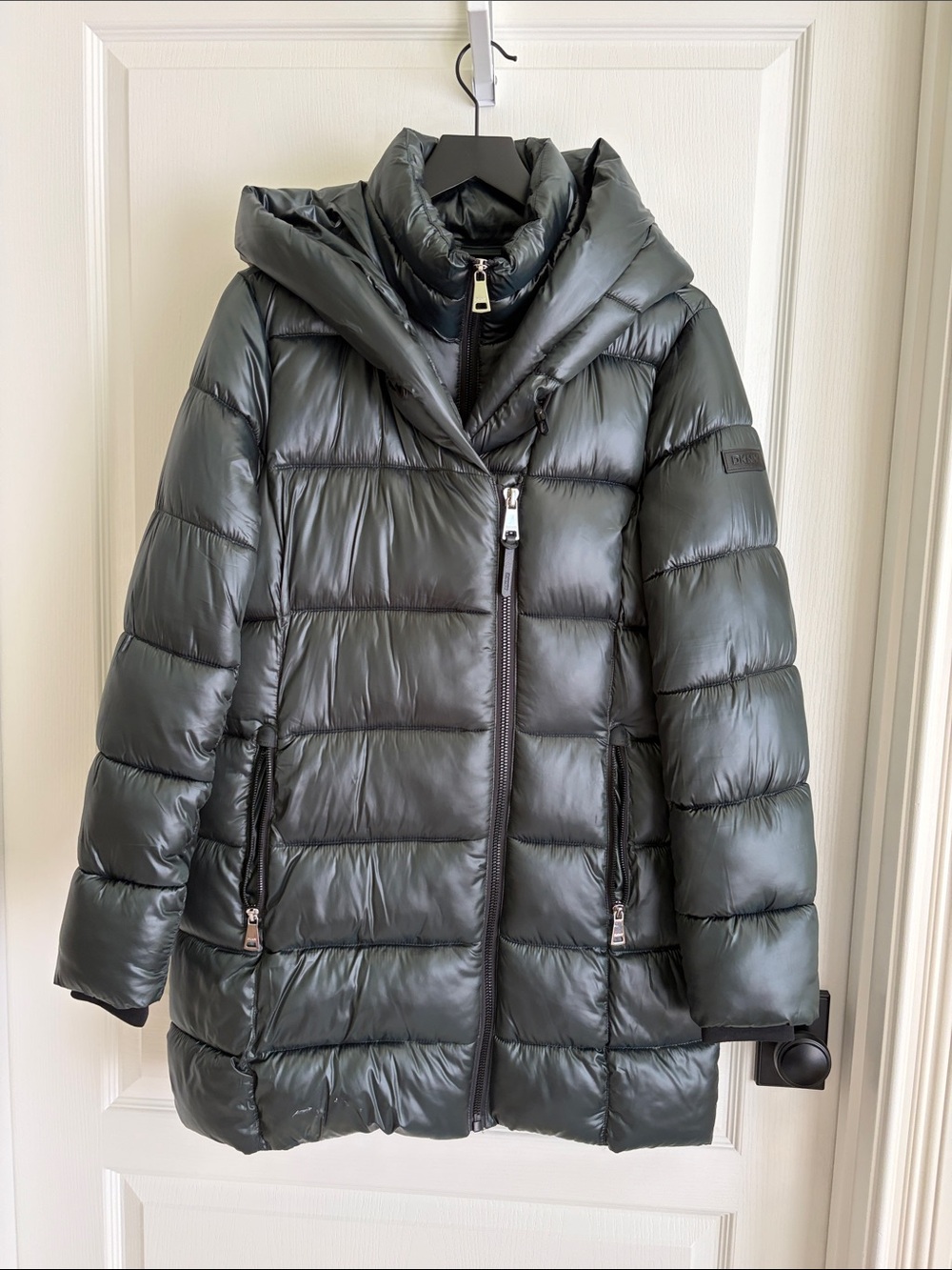 DKNY Shiny Dark Green Puffer Coat with Hood